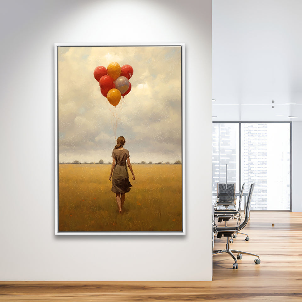 Girl With Ballons In The Field Framed Canvas Prints Wall Art, Floating Frame, Large Canvas Home Decor