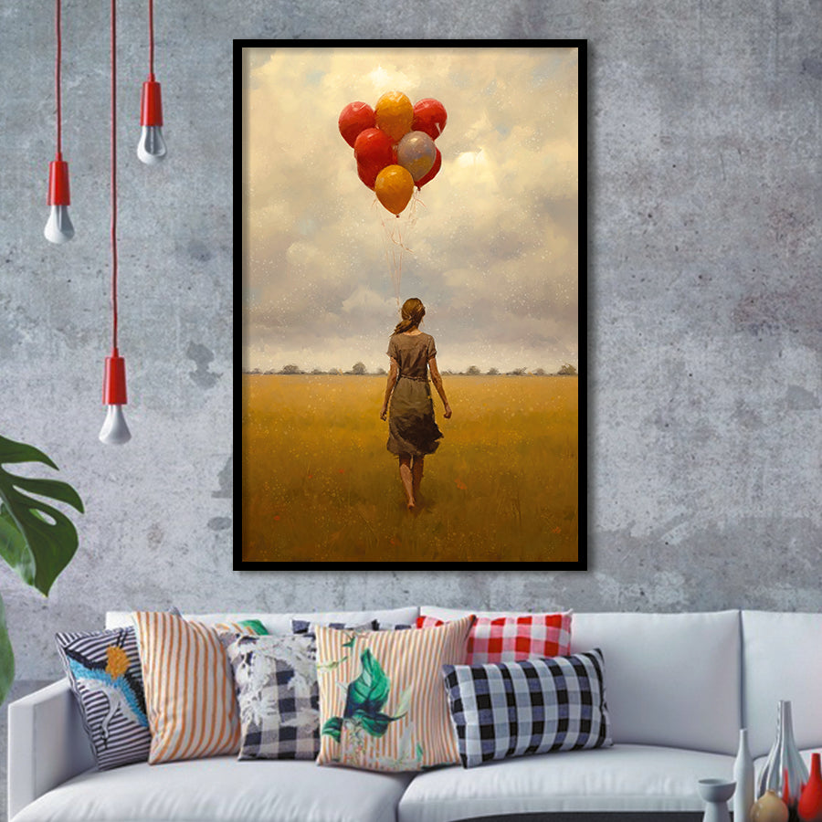 Girl With Ballons In The Field Framed Art Prints Wall Decor, Framed Picture, Large Picture