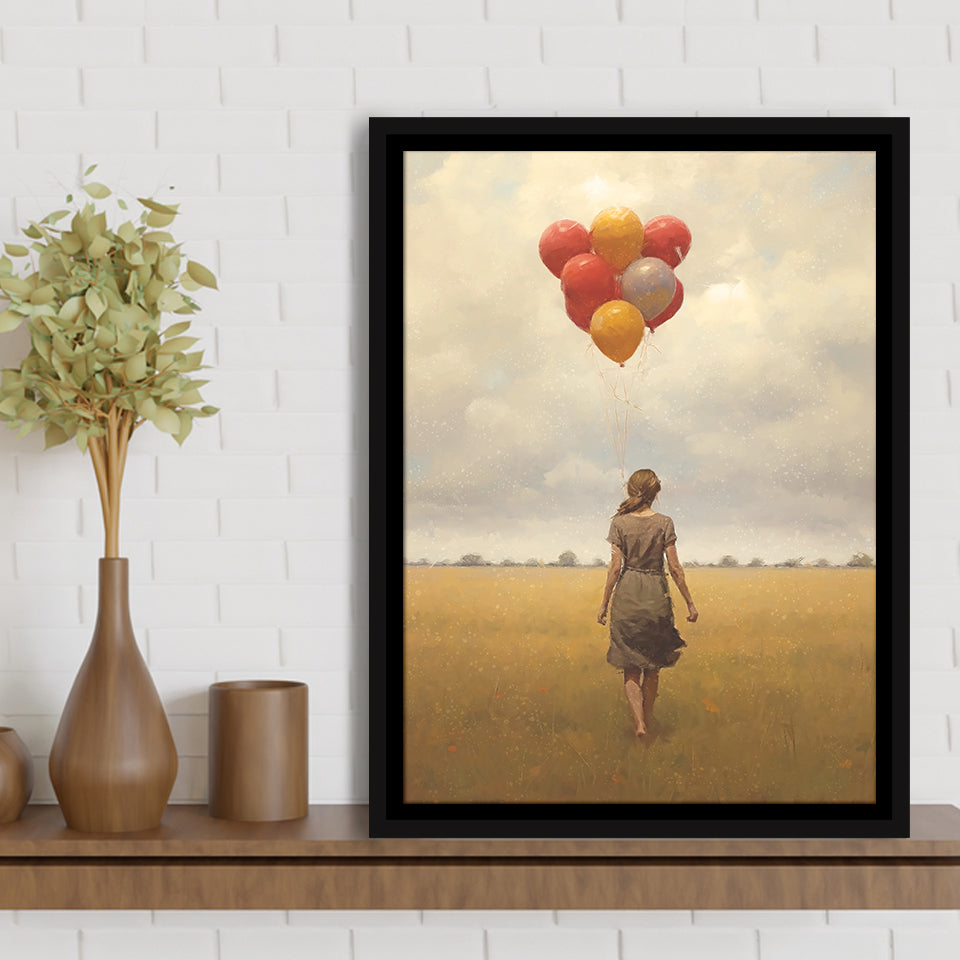 Girl With Ballons In The Field Framed Canvas Prints Wall Art, Floating Frame, Large Canvas Home Decor
