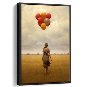 Girl With Ballons In The Field Framed Canvas Prints Wall Art, Floating Frame, Large Canvas Home Decor
