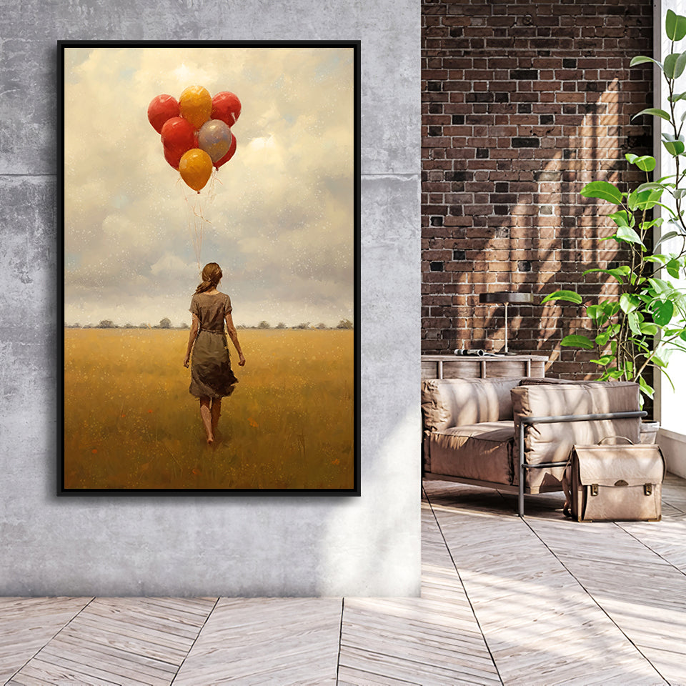 Girl With Ballons In The Field Framed Canvas Prints Wall Art, Floating Frame, Large Canvas Home Decor