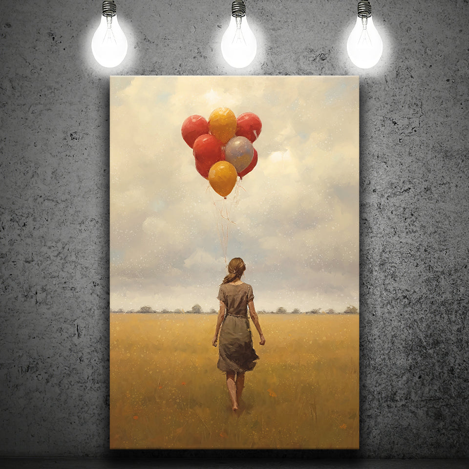 Girl With Ballons In The Field Canvas Prints Wall Art, Home Living Room Decor, Large Canvas