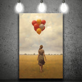 Girl With Ballons In The Field Canvas Prints Wall Art, Home Living Room Decor, Large Canvas