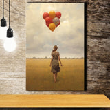 Girl With Ballons In The Field Canvas Prints Wall Art, Home Living Room Decor, Large Canvas