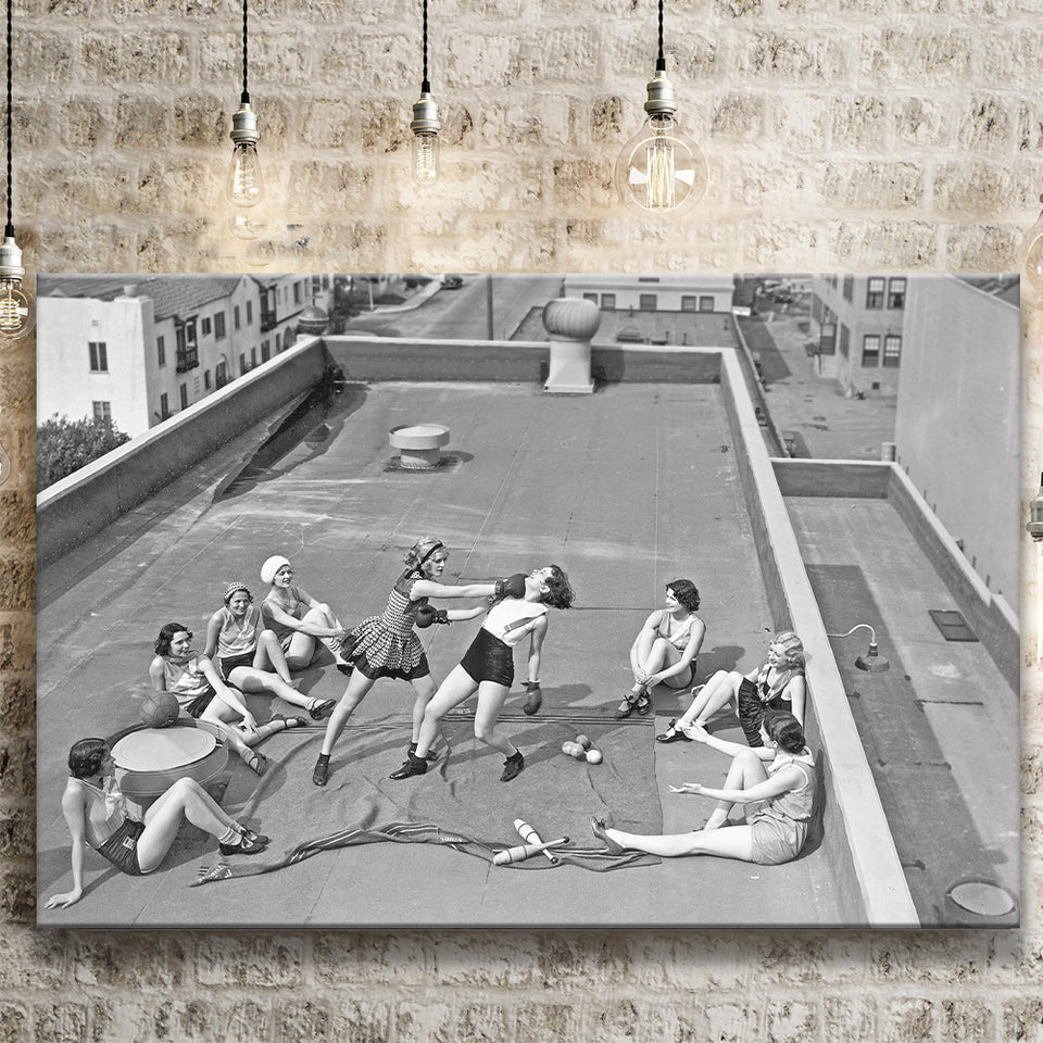 Girls Boxing Black And White Print, Vintage Rooftop Girls Boxing Canvas Prints Wall Art Home Decor