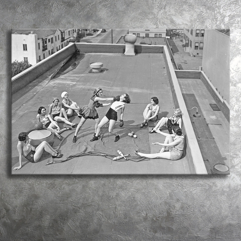 Girls Boxing Black And White Print, Vintage Rooftop Girls Boxing Canvas Prints Wall Art Home Decor