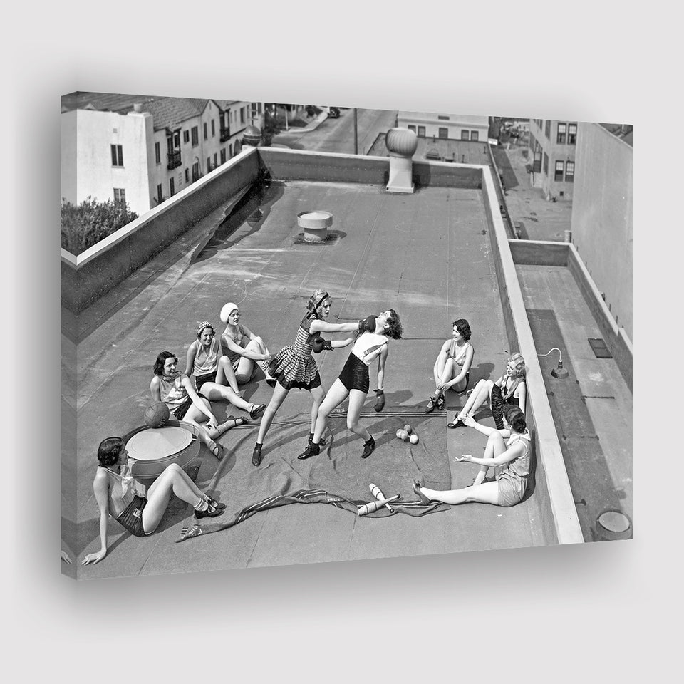 Girls Boxing Black And White Print, Vintage Rooftop Girls Boxing Canvas Prints Wall Art Home Decor