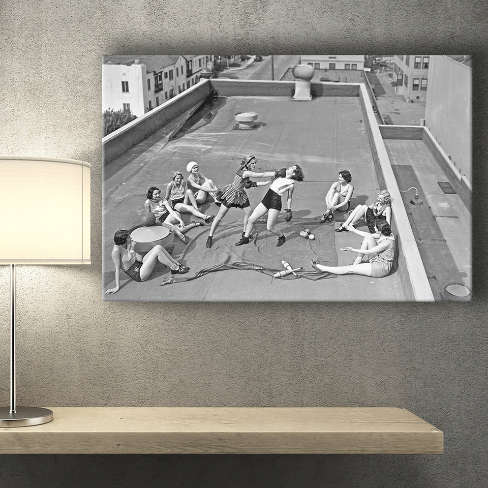 Girls Boxing Black And White Print, Vintage Rooftop Girls Boxing Canvas Prints Wall Art Home Decor