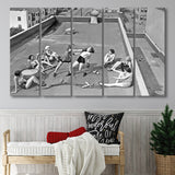 Girls Boxing Black And White Print, Vintage Rooftop Girls Boxing Larger Canvas Art, 5 Piece Canvas Prints Wall Art Decor