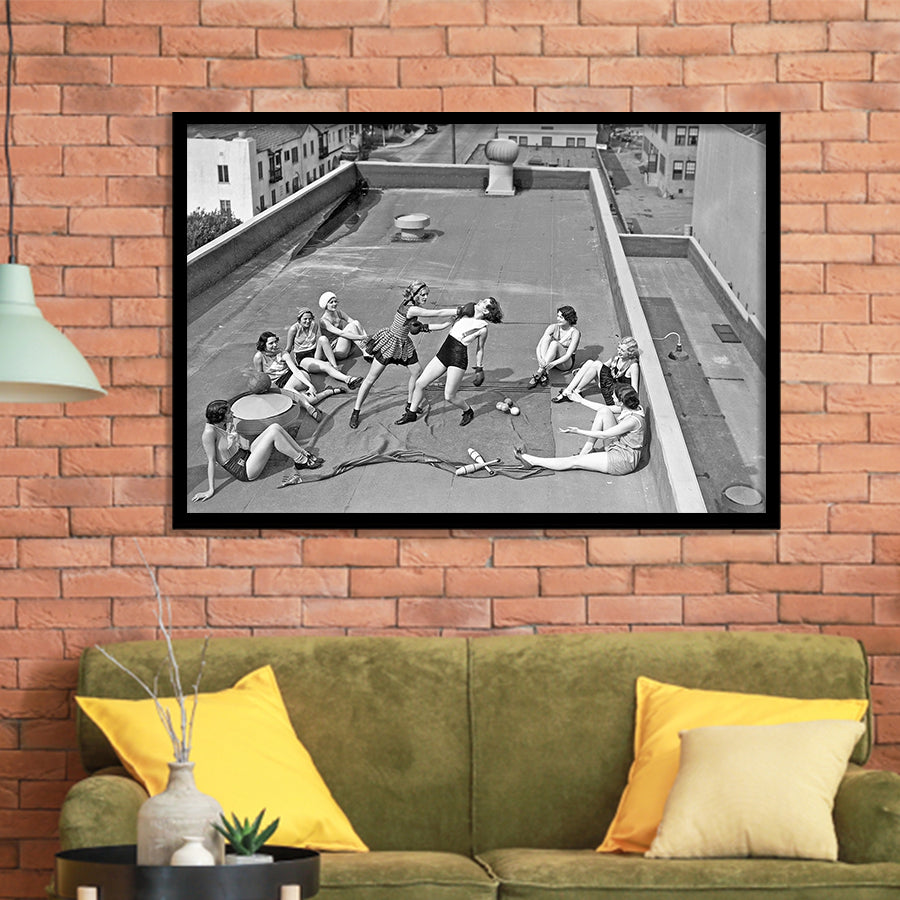 Girls Boxing Black And White Print, Vintage Rooftop Girls Boxing Framed Art Prints, Wall Art,Home Decor,Framed Picture