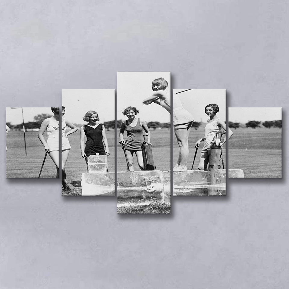 Girls Golfing Black And White Print, Vintage Women Golfing 5 Panels, Canvas Prints Wall Art Decor, Large Canvas Art