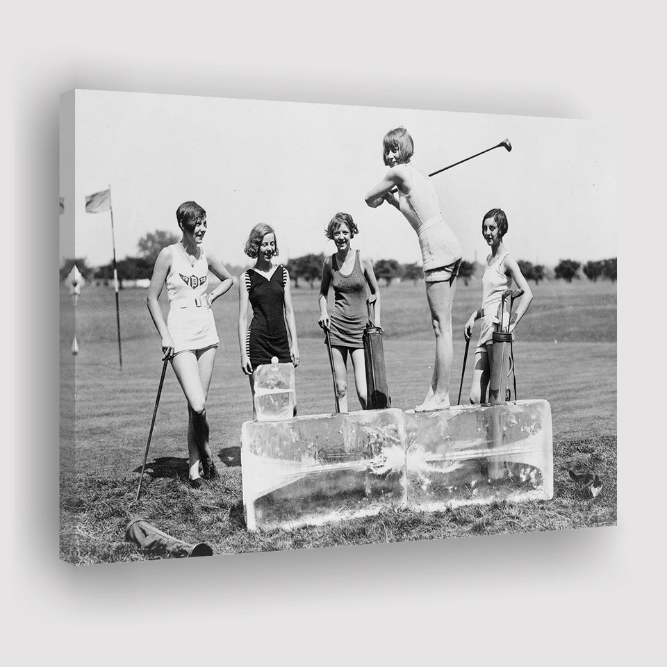 Girls Golfing Black And White Print, Vintage Women Golfing Canvas Prints Wall Art Home Decor