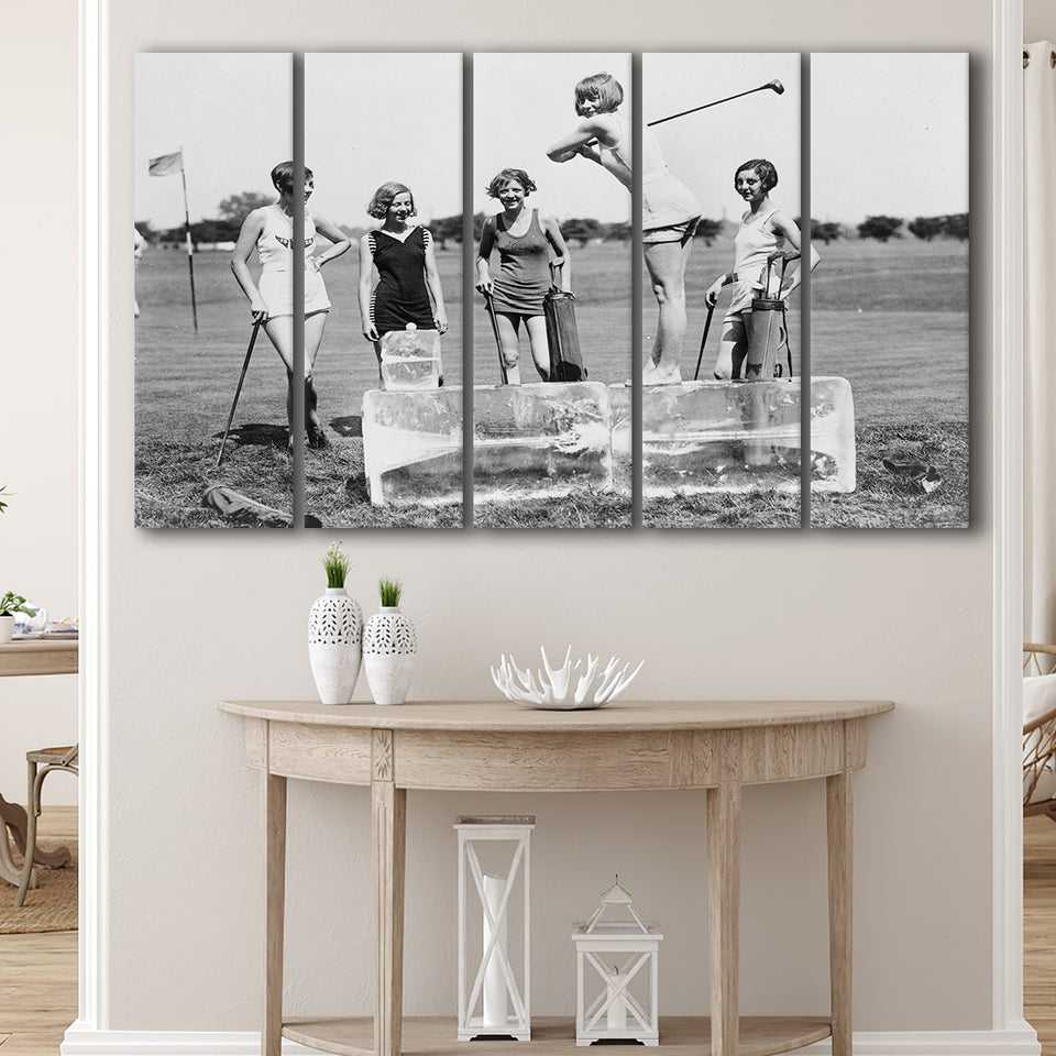 Girls Golfing Black And White Print, Vintage Women Golfing Larger Canvas Art, 5 Piece Canvas Prints Wall Art Decor