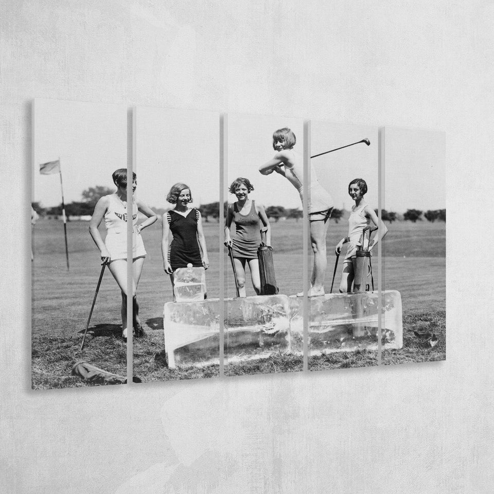 Girls Golfing Black And White Print, Vintage Women Golfing Larger Canvas Art, 5 Piece Canvas Prints Wall Art Decor