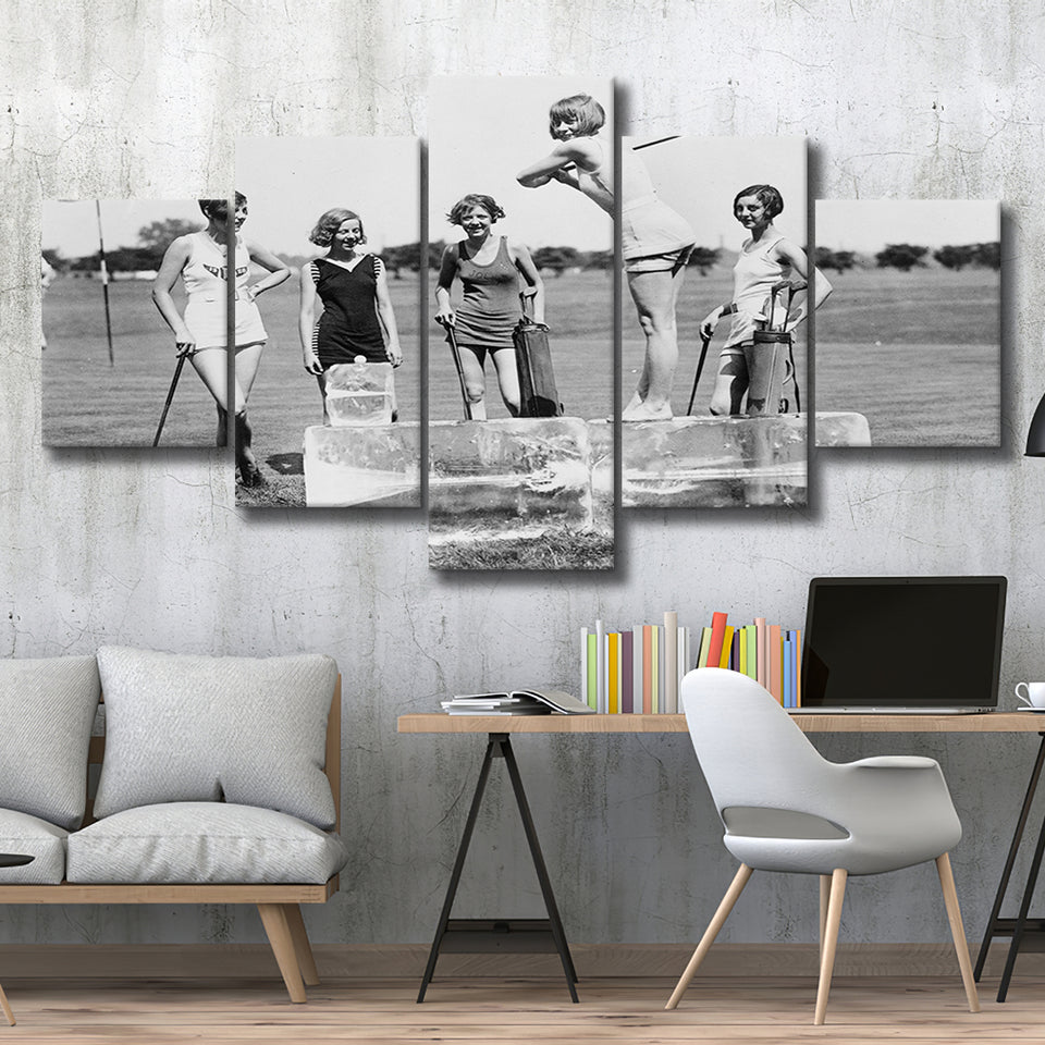 Girls Golfing Black And White Print, Vintage Women Golfing 5 Panels, Canvas Prints Wall Art Decor, Large Canvas Art