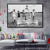Girls Golfing Black And White Print, Vintage Women Golfing Framed Canvas Prints Wall Art Home Decor,Floating Frame