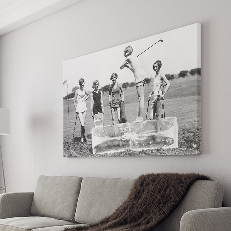 Girls Golfing Black And White Print, Vintage Women Golfing Canvas Prints Wall Art Home Decor