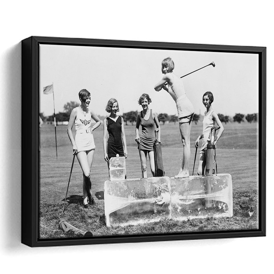 Girls Golfing Black And White Print, Vintage Women Golfing Framed Canvas Prints Wall Art Home Decor,Floating Frame