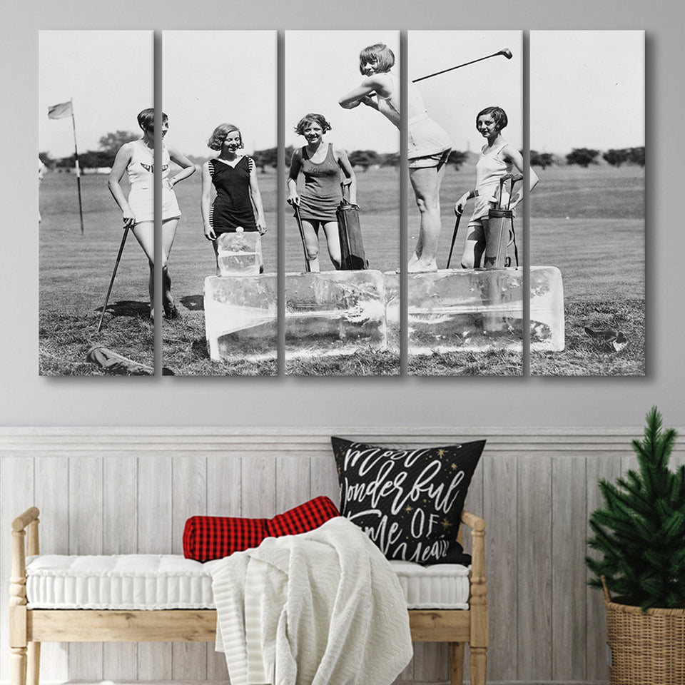 Girls Golfing Black And White Print, Vintage Women Golfing Larger Canvas Art, 5 Piece Canvas Prints Wall Art Decor