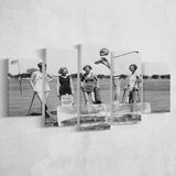 Girls Golfing Black And White Print, Vintage Women Golfing 5 Panels, Canvas Prints Wall Art Decor, Large Canvas Art