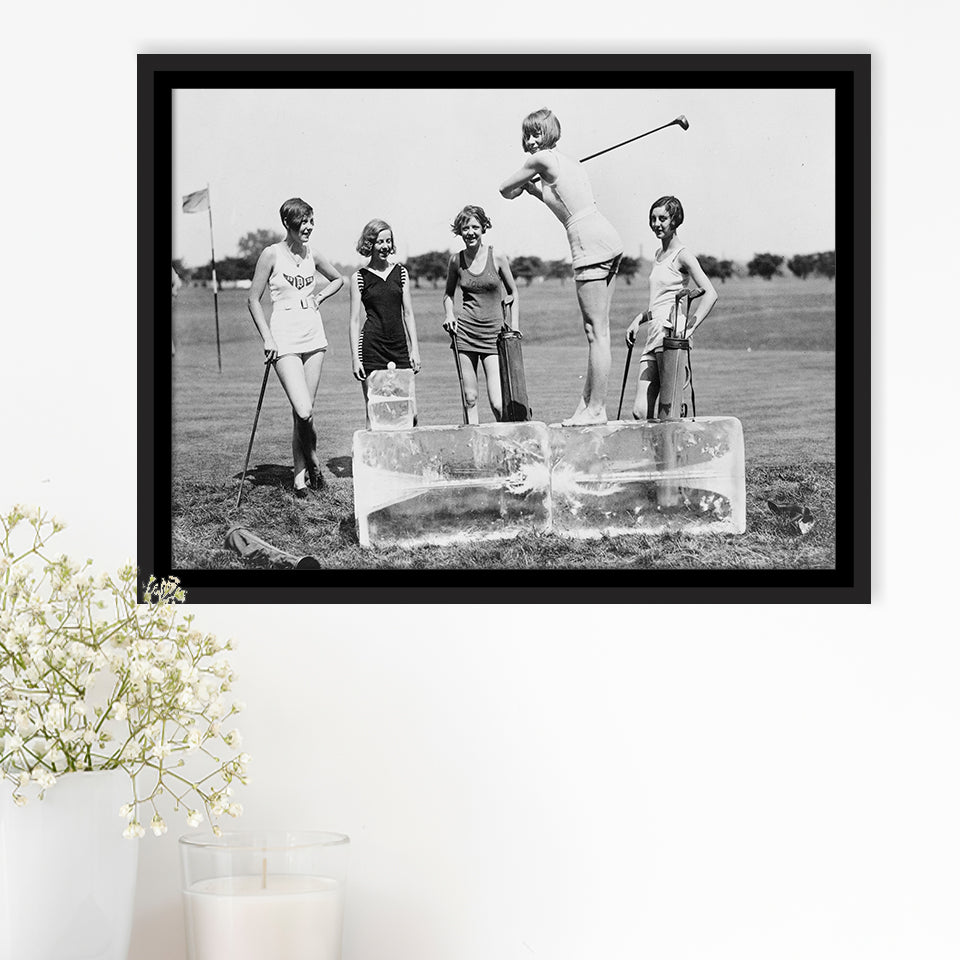 Girls Golfing Black And White Print, Vintage Women Golfing Framed Canvas Prints Wall Art Home Decor,Floating Frame