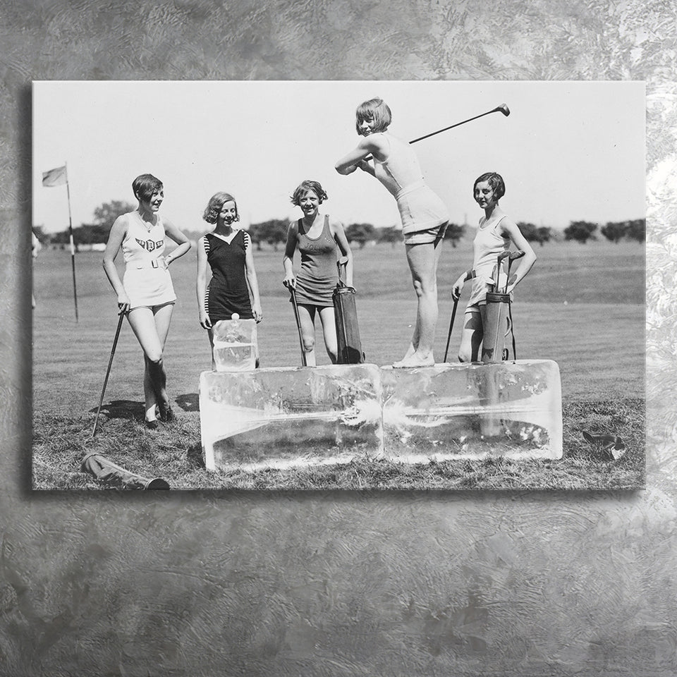 Girls Golfing Black And White Print, Vintage Women Golfing Canvas Prints Wall Art Home Decor
