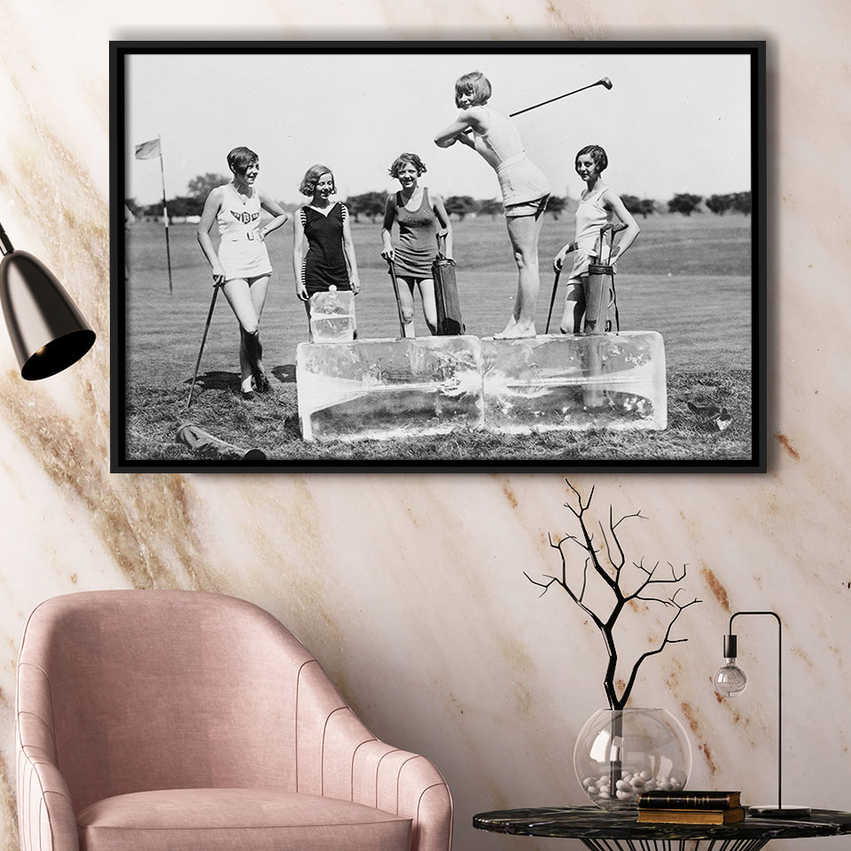 Girls Golfing Black And White Print, Vintage Women Golfing Framed Canvas Prints Wall Art Home Decor,Floating Frame