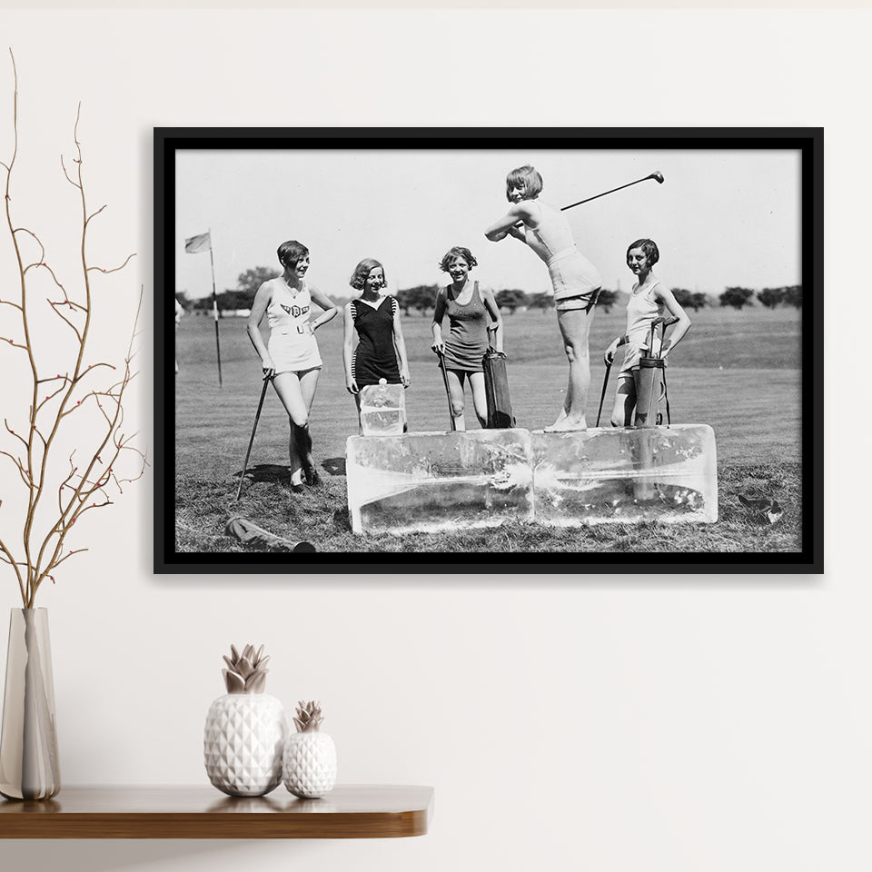 Girls Golfing Black And White Print, Vintage Women Golfing Framed Canvas Prints Wall Art Home Decor,Floating Frame