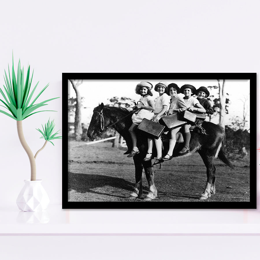 Girls Riding Horse To School Black And White Print, Schoolgirls Framed Art Prints, Wall Art,Home Decor,Framed Picture