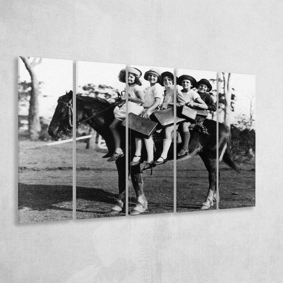 Girls Riding Horse To School Black And White Print, Schoolgirls Larger Canvas Art, 5 Piece Canvas Prints Wall Art Decor