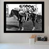 Girls Riding Horse To School Black And White Print, Schoolgirls Framed Art Prints, Wall Art,Home Decor,Framed Picture