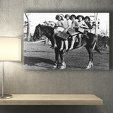 Girls Riding Horse To School Black And White Print, Schoolgirls Canvas Prints Wall Art Home Decor