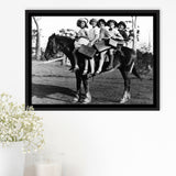 Girls Riding Horse To School Black And White Print, Schoolgirls Framed Canvas Prints Wall Art Home Decor,Floating Frame