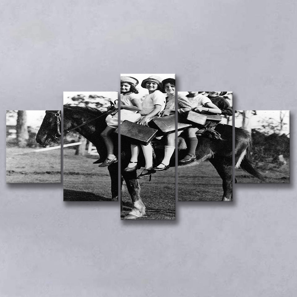 Girls Riding Horse To School Black And White Print, Schoolgirls 5 Panels, Canvas Prints Wall Art Decor, Large Canvas Art