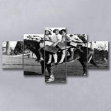 Girls Riding Horse To School Black And White Print, Schoolgirls 5 Panels, Canvas Prints Wall Art Decor, Large Canvas Art