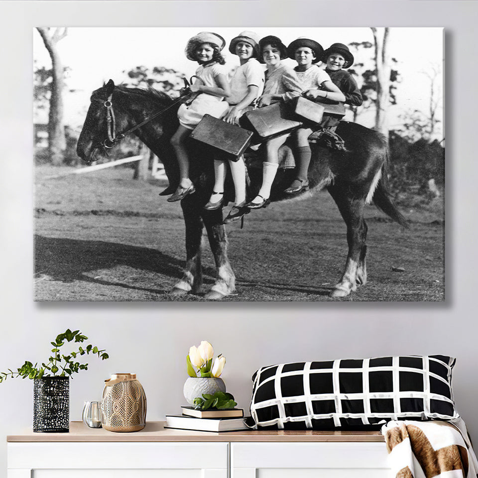 Girls Riding Horse To School Black And White Print, Schoolgirls Canvas Prints Wall Art Home Decor