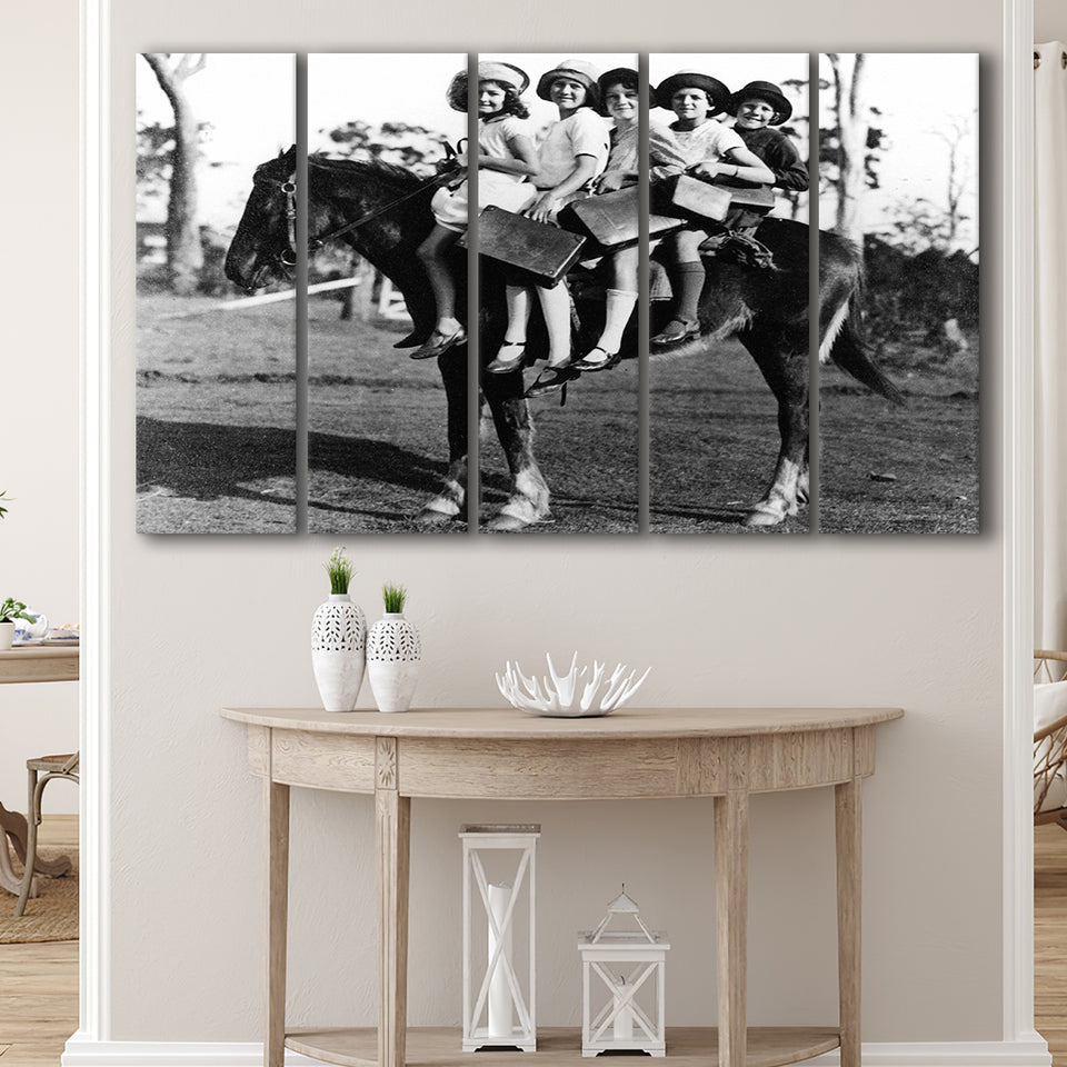 Girls Riding Horse To School Black And White Print, Schoolgirls Larger Canvas Art, 5 Piece Canvas Prints Wall Art Decor