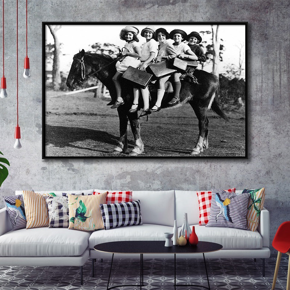 Girls Riding Horse To School Black And White Print, Schoolgirls Framed