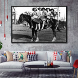Girls Riding Horse To School Black And White Print, Schoolgirls Framed Canvas Prints Wall Art Home Decor,Floating Frame