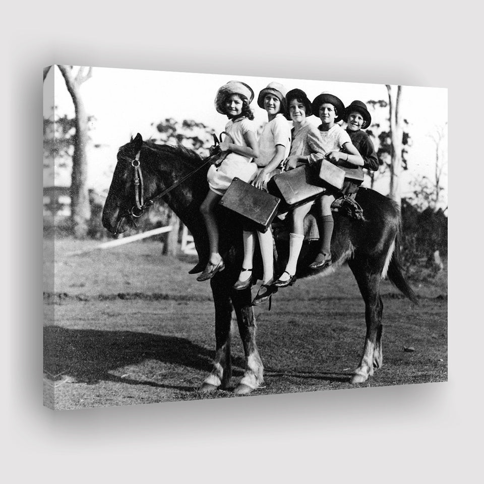 Girls Riding Horse To School Black And White Print, Schoolgirls Canvas Prints Wall Art Home Decor