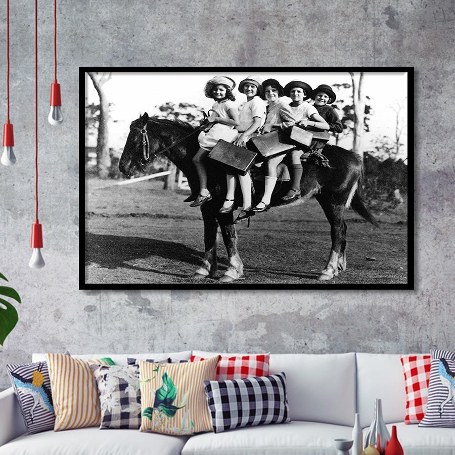 Girls Riding Horse To School Black And White Print, Schoolgirls Framed Art Prints, Wall Art,Home Decor,Framed Picture