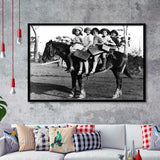Girls Riding Horse To School Black And White Print, Schoolgirls Framed Art Prints, Wall Art,Home Decor,Framed Picture