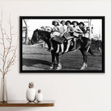 Girls Riding Horse To School Black And White Print, Schoolgirls Framed Canvas Prints Wall Art Home Decor,Floating Frame