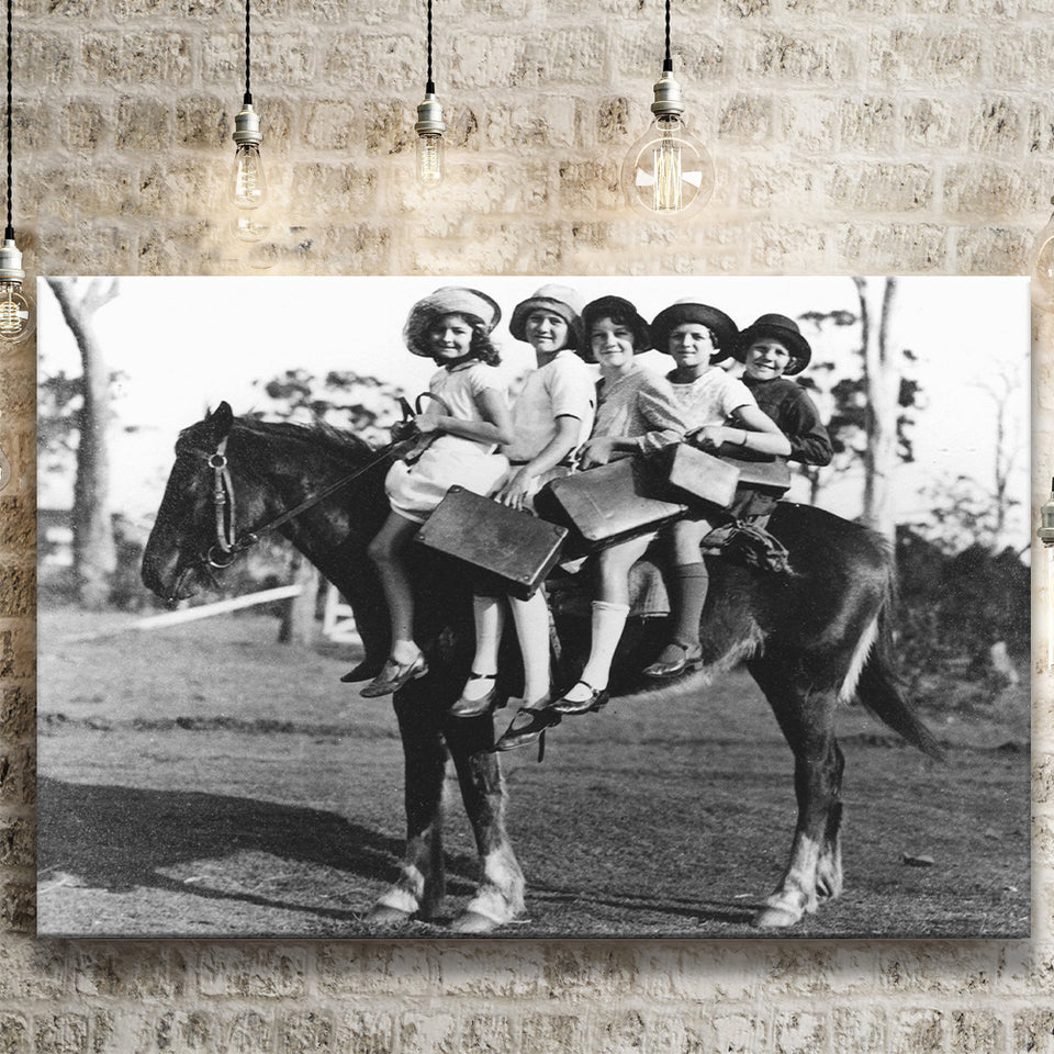 Girls Riding Horse To School Black And White Print, Schoolgirls Canvas Prints Wall Art Home Decor