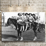 Girls Riding Horse To School Black And White Print, Schoolgirls Canvas Prints Wall Art Home Decor