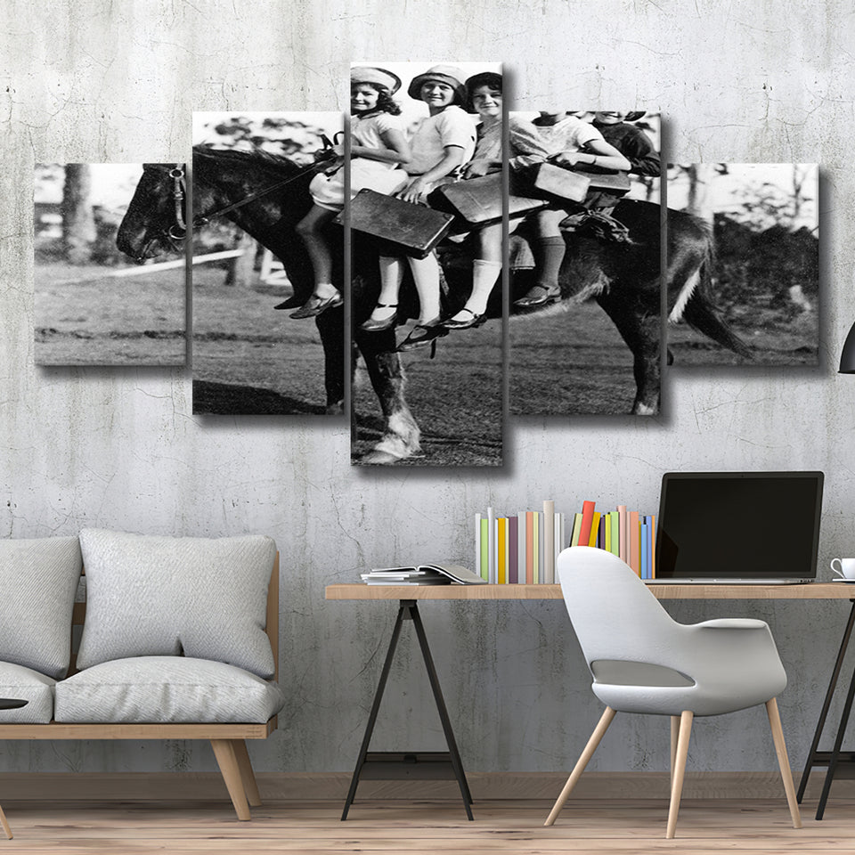 Girls Riding Horse To School Black And White Print, Schoolgirls 5 Panels, Canvas Prints Wall Art Decor, Large Canvas Art