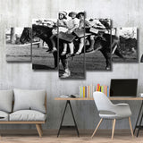 Girls Riding Horse To School Black And White Print, Schoolgirls 5 Panels, Canvas Prints Wall Art Decor, Large Canvas Art