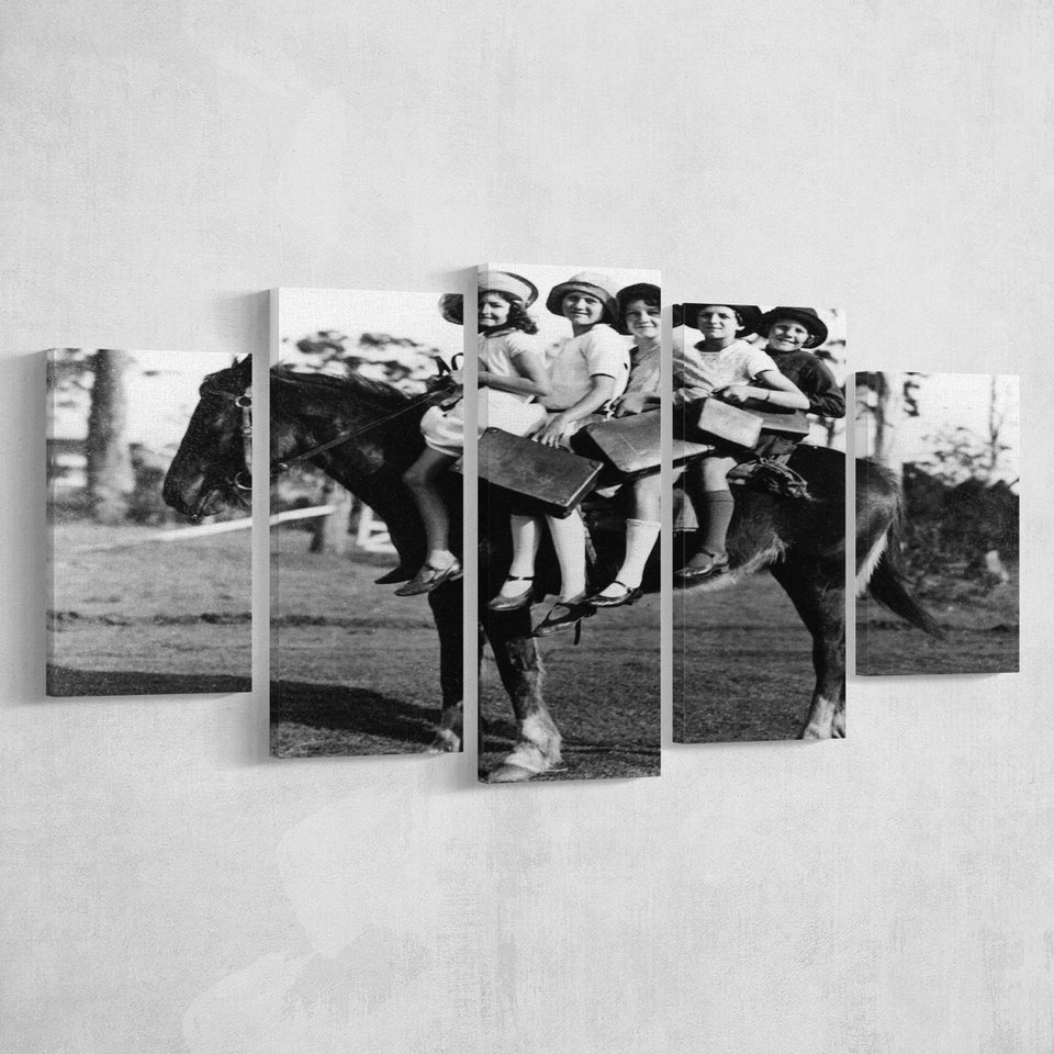 Girls Riding Horse To School Black And White Print, Schoolgirls 5 Panels, Canvas Prints Wall Art Decor, Large Canvas Art