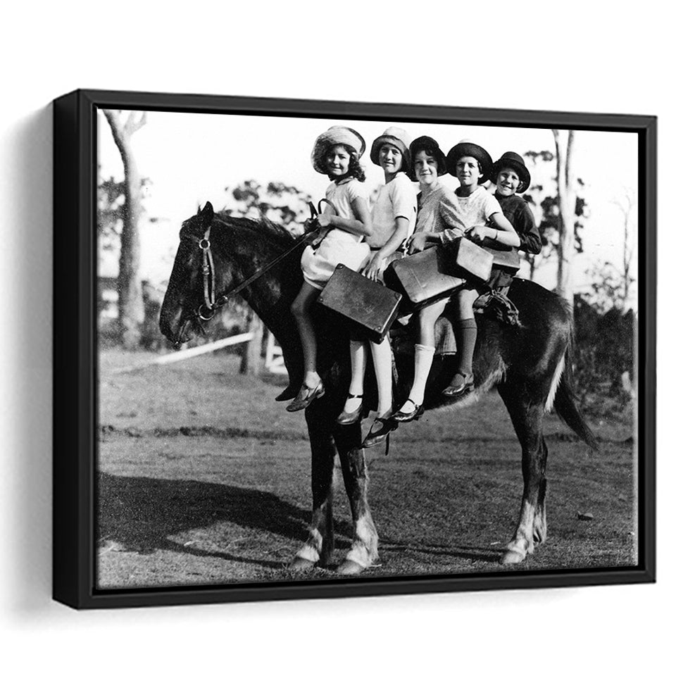 Girls Riding Horse To School Black And White Print, Schoolgirls Framed Canvas Prints Wall Art Home Decor,Floating Frame