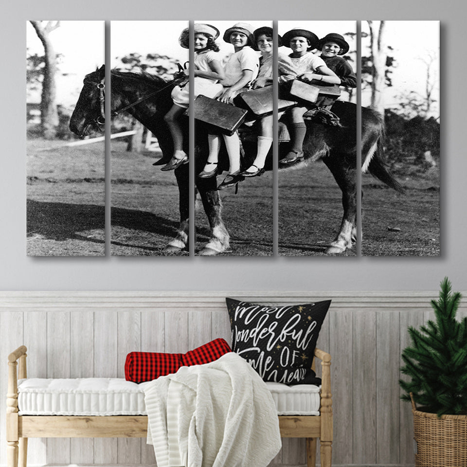Girls Riding Horse To School Black And White Print, Schoolgirls Larger Canvas Art, 5 Piece Canvas Prints Wall Art Decor
